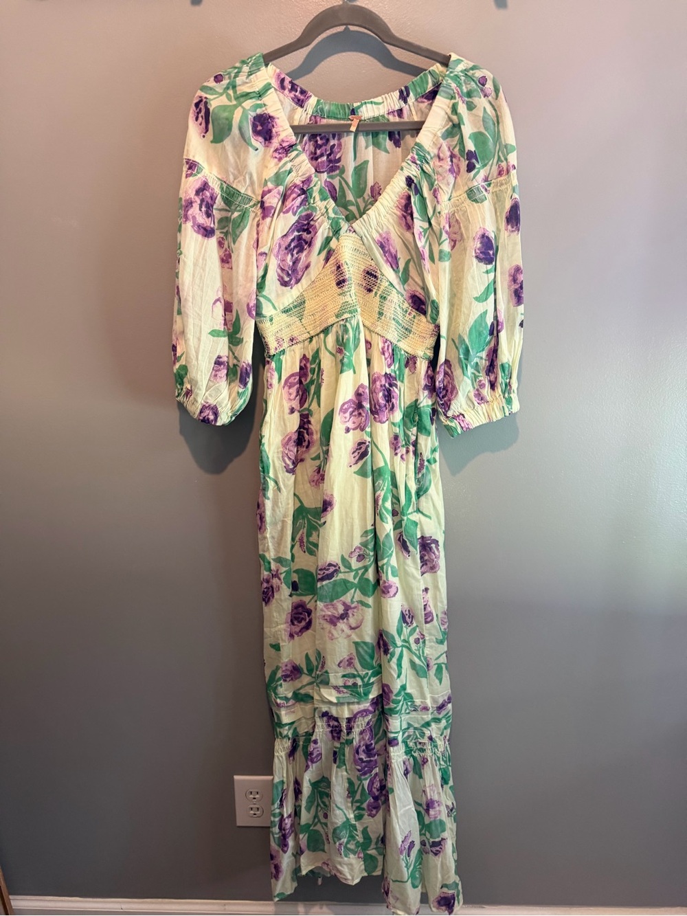 Free People Cream Maxi Dress with Purple Floral Print and Green Leaves